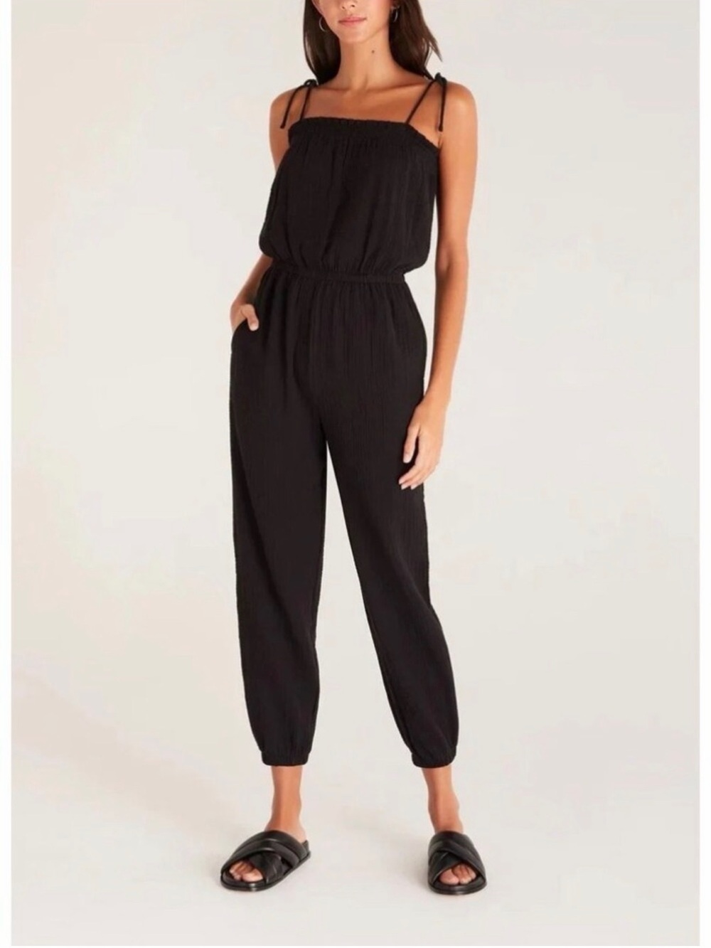 Z Supply Black Smocked Strap Jumpsuit with Tie Straps